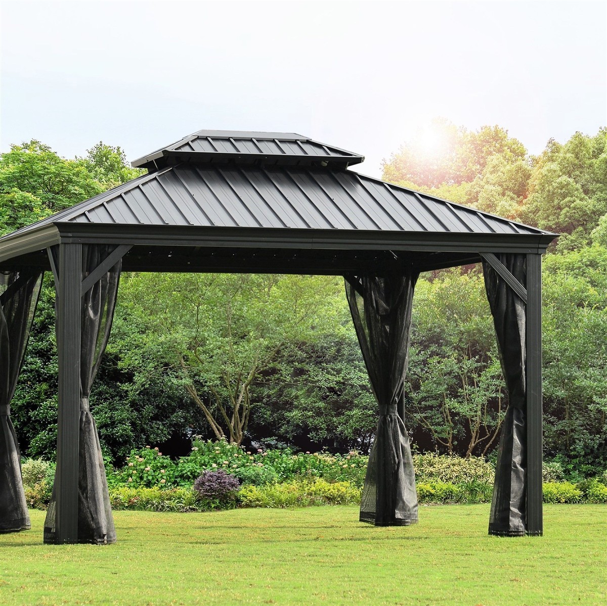 LECO Hardtop-Pavillon HELENA 3,65 x 3m Anthrazit  Aluminium mit Mückennetze