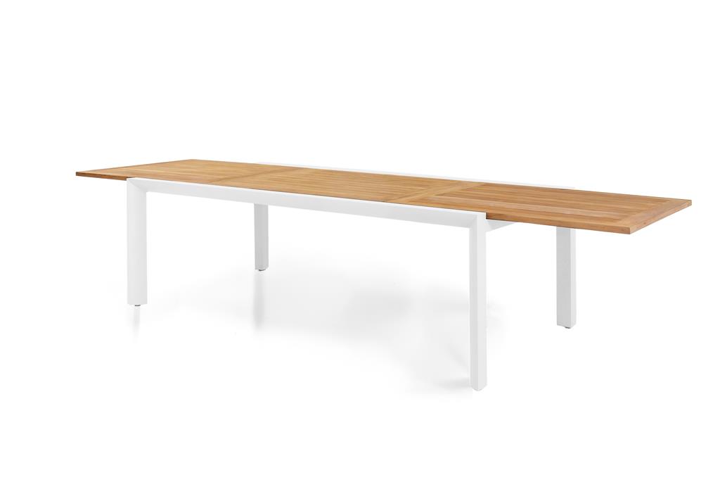 SUNS Monte Carlo Ausziehtisch 224/334x115 Aluminiumgestell Matt weiß Tischplatte Teak natur