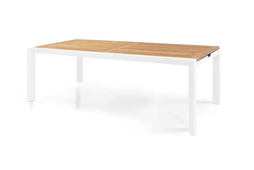 SUNS Monte Carlo Ausziehtisch 224/334x115 Aluminiumgestell Matt weiß Tischplatte Teak natur