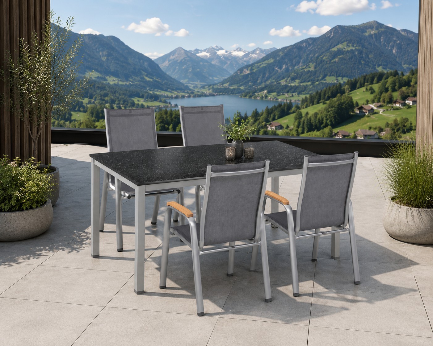 Kettler CIRRUS Stapelsessel silber/anthrazit-grau mit DEKTON Tisch 140x70 cm