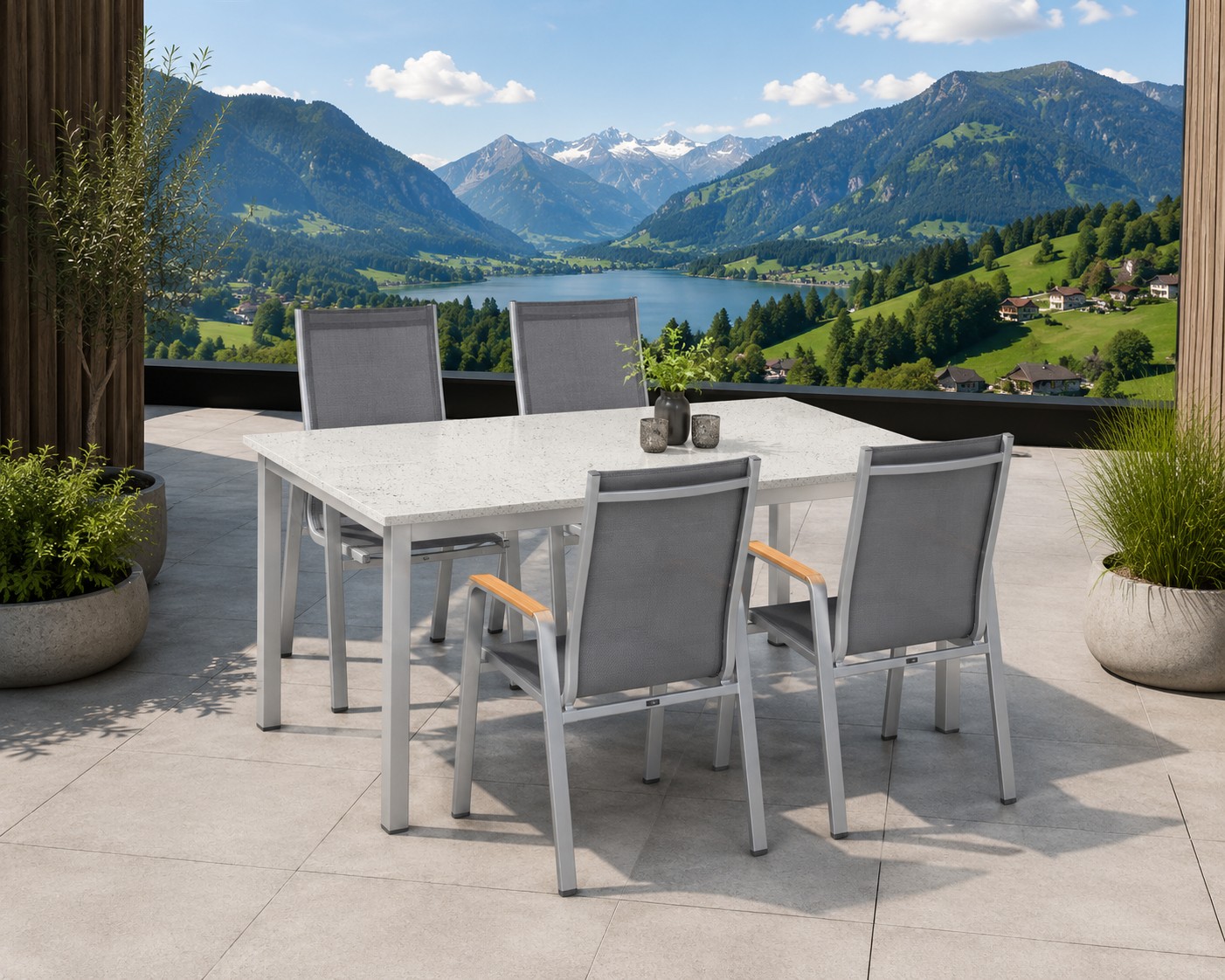 Kettler CIRRUS Stapelsessel silber/anthrazit-grau mit DEKTON Tisch 140x70 cm Beton weiß
