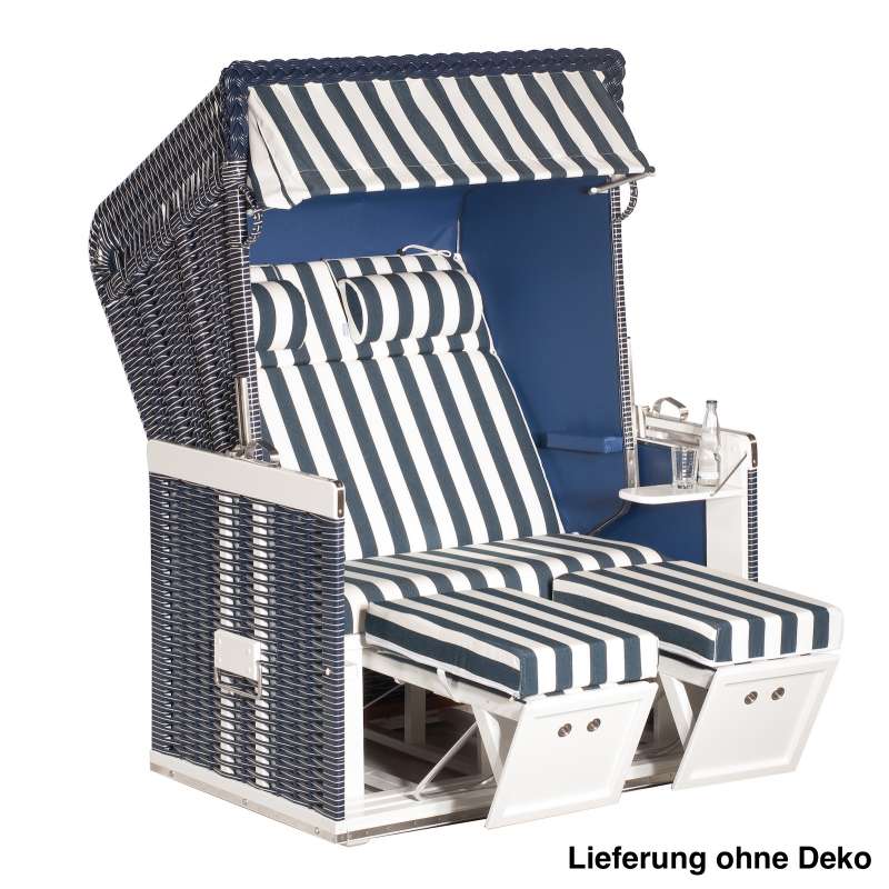 Gartenstrandkorb "Konsul"
2-Sitzer, Liegemodell
Kunststoffgeflecht blau mit 
weißem Nadelstreifen