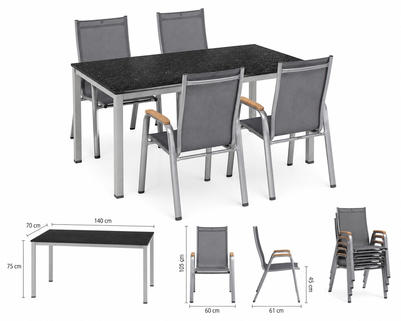 Kettler CIRRUS Stapelsessel silber/anthrazit-grau mit DEKTON Tisch 140x70 cm Beton weiß