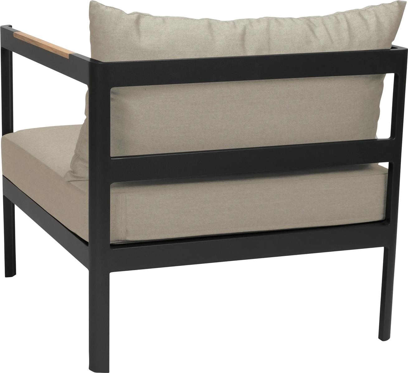 Stern Sessel Viggo Aluminium schwarz matt, Kissen 100% Polyacryl cream, Armlehnen Teak FSC-zertifiziert 