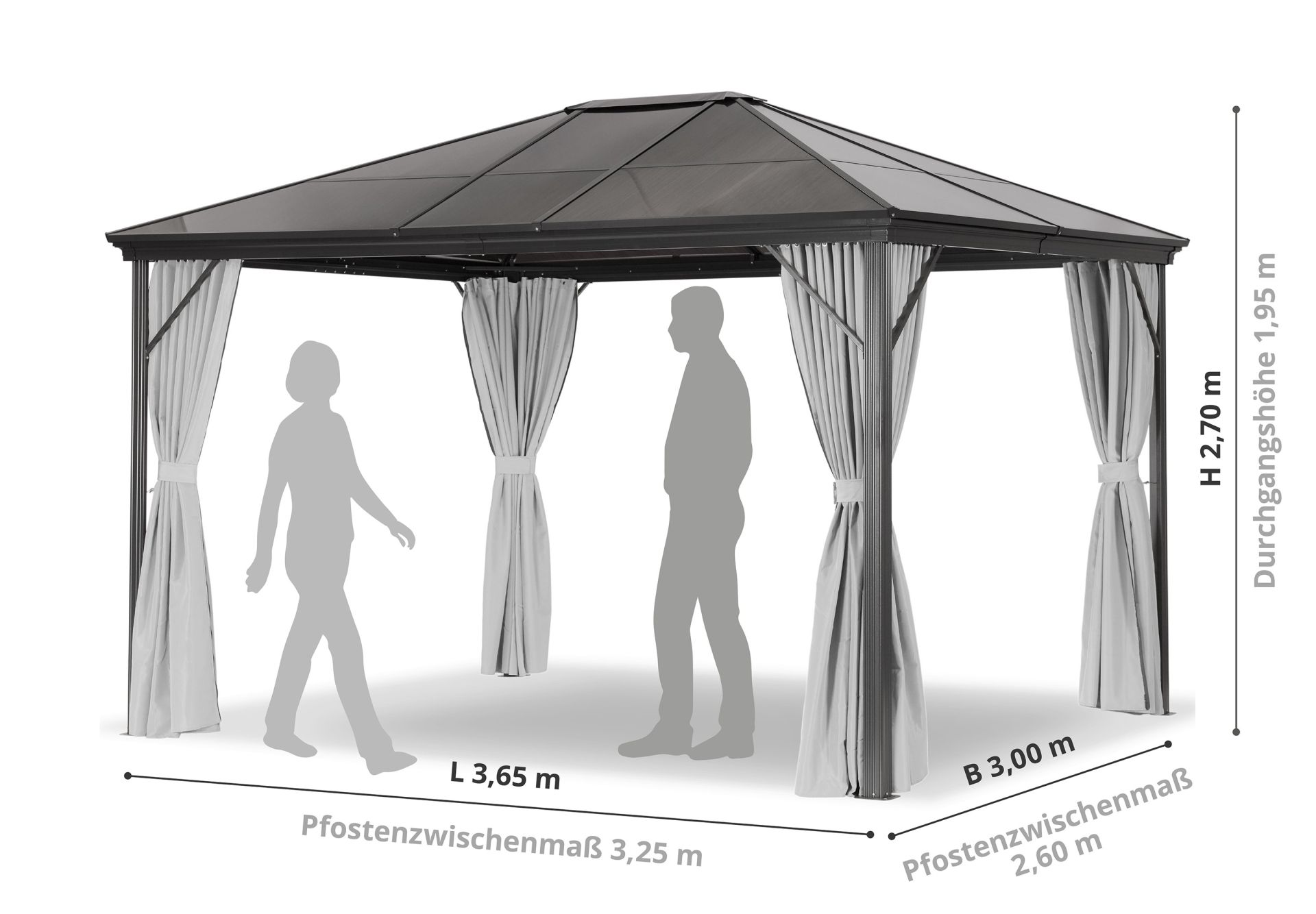 LECO PROFI-Pavillon 3,65x3 m Anthrazit / grau Aluminium PC-Dach transparent-grau