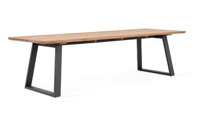 SUNS Tomar Tisch 340x100cm Aluminiumgestell Matt royal grau Tischplatte Teak natur