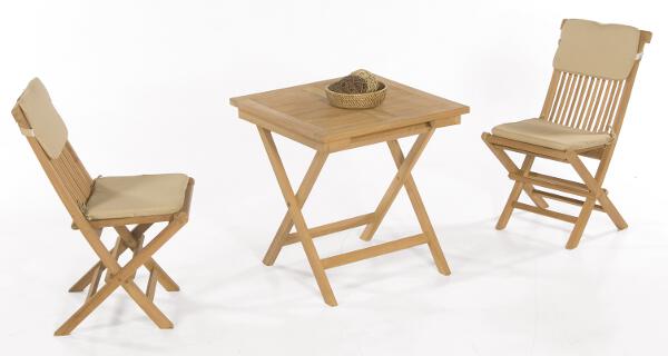 Gartenmöbel-Set "Bristol" 2 Klappstühle inkl. Kissen natur, 1 Klapptisch 70x70 cm, Teakholz
